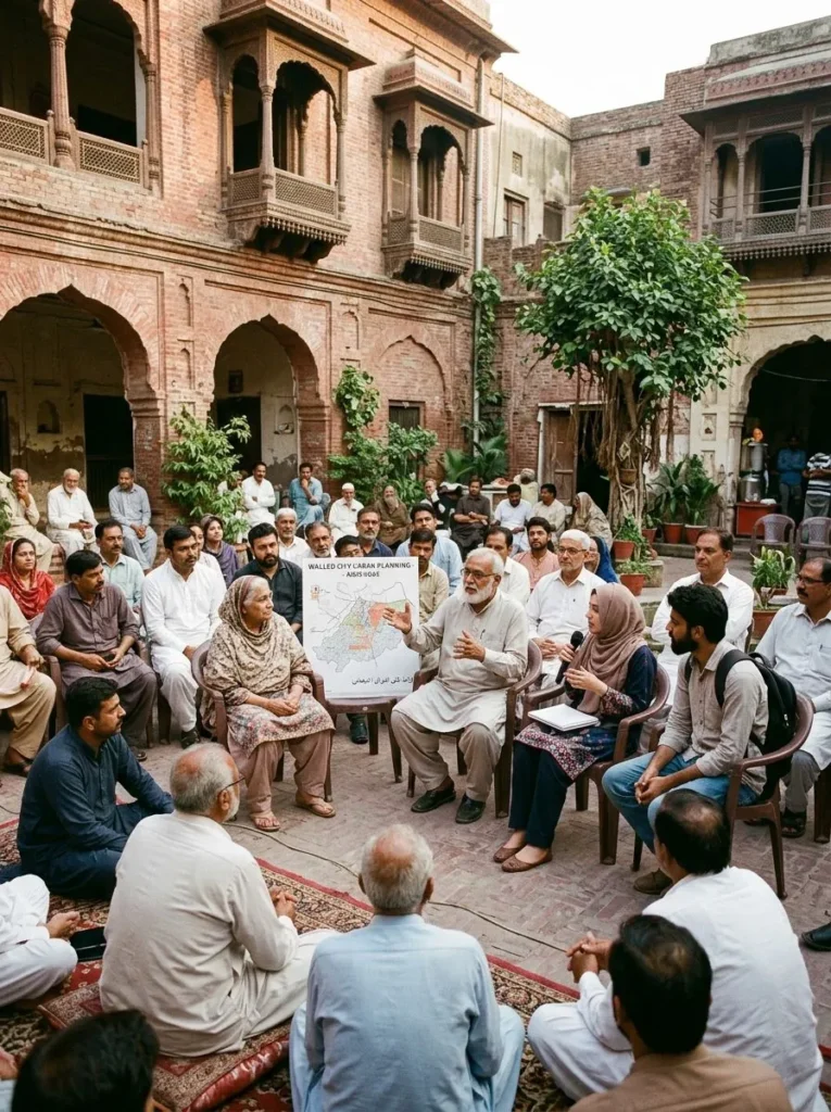 Residents gathered in a courtyard for a community meeting