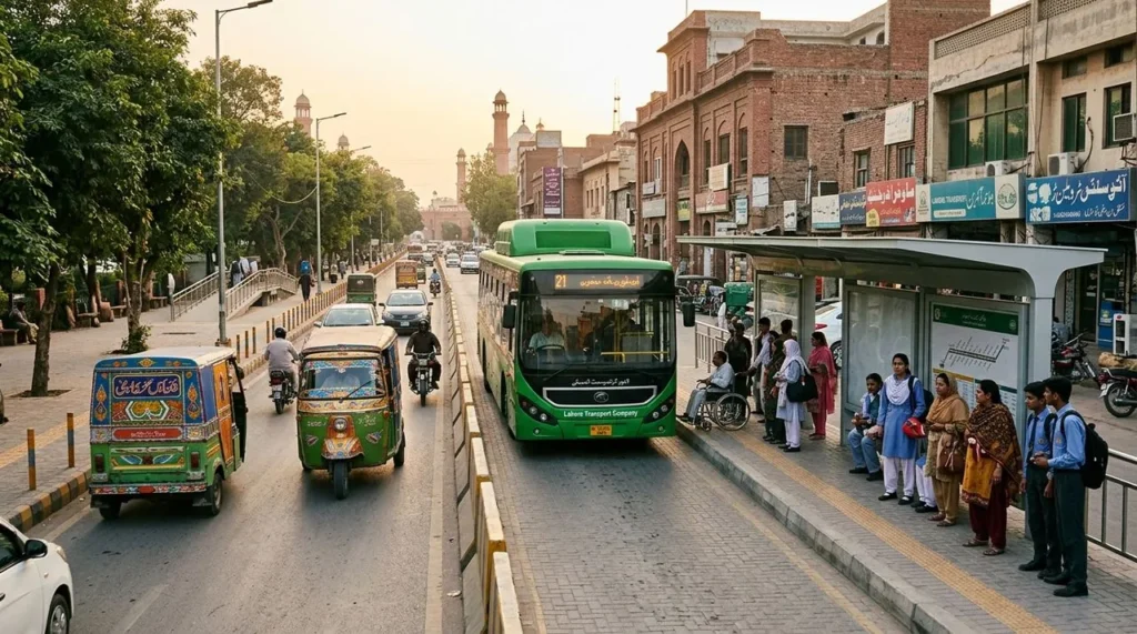 Bus, rickshaws and pedestrians at a bus shelter on a city road