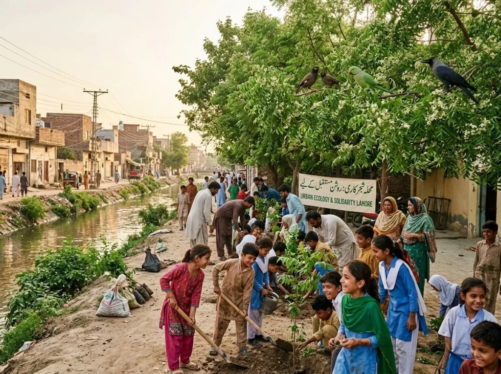 Children and adults planting saplings along a canal bank