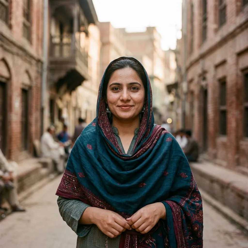 Portrait of a woman in a shawl standing in an old city street