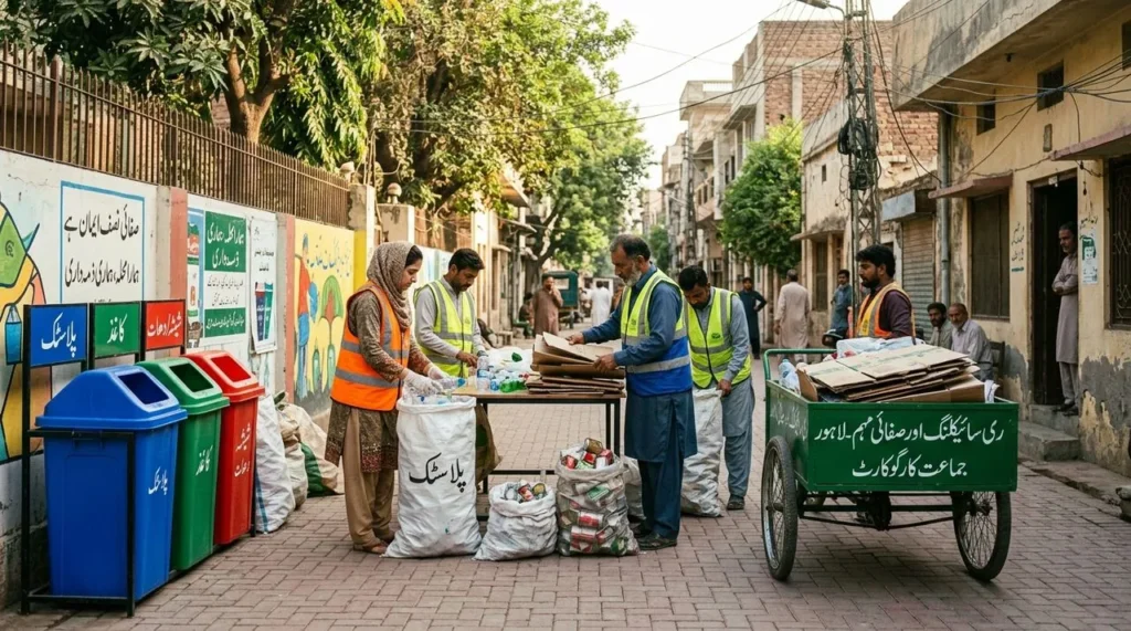 Workers sorting recyclable waste beside colour-coded bins on a city street
