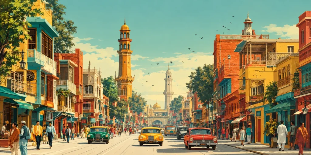 Illustration of a historic Lahore street with heritage buildings and a minaret