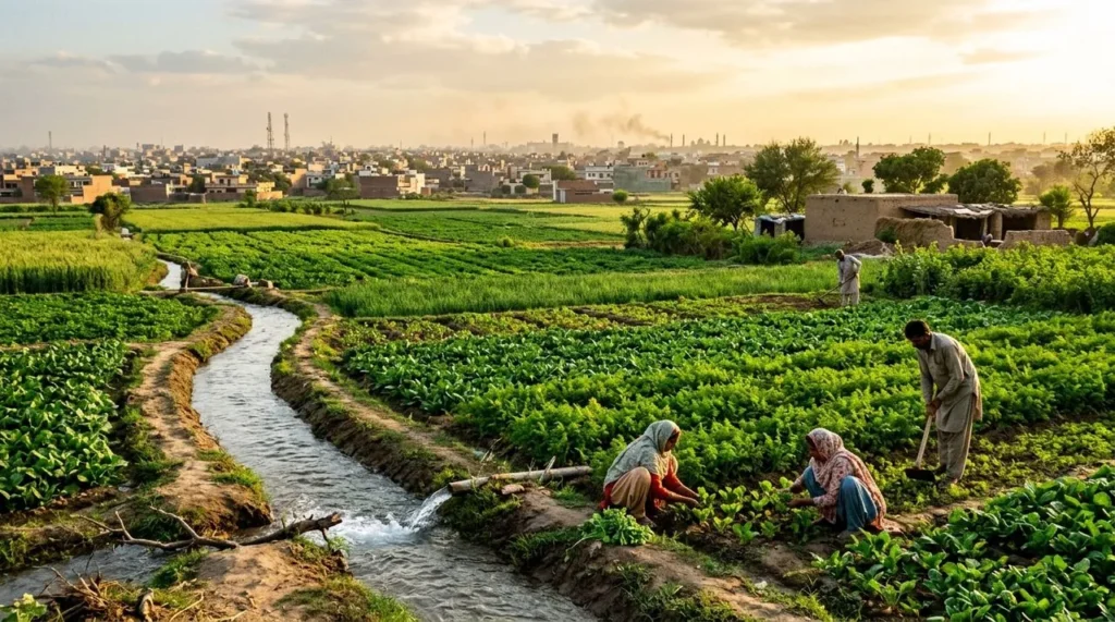 Irrigated vegetable fields on the edge of a city