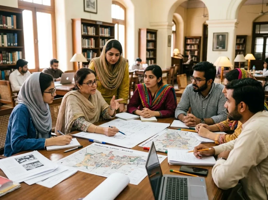 Researchers reviewing maps and documents around a library table