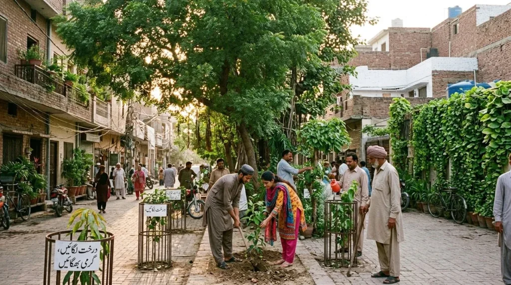 Residents planting trees along a shaded neighbourhood street