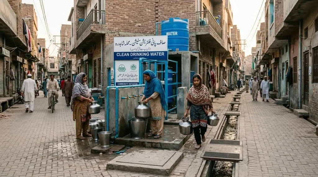 Women collecting water from a public tap in a narrow lane